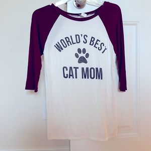 Worlds best cat mom baseball style tee white garnet small NWOT boutique kitty